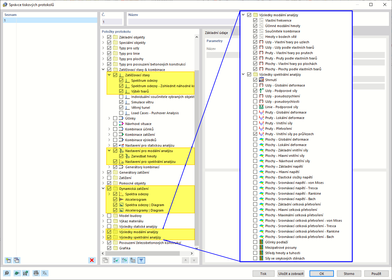 Výběr dat dynamické analýzy ve Správci tiskových protokolů