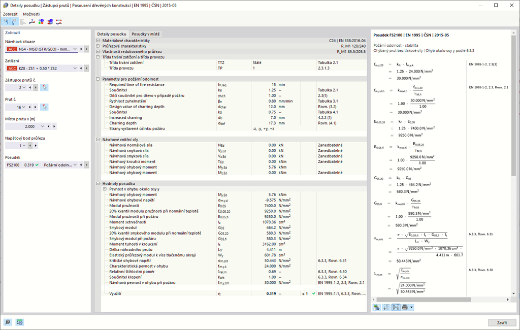 Výsledky návrhu požární odolnosti dřevěných konstrukcí podle normy EN 1995.
