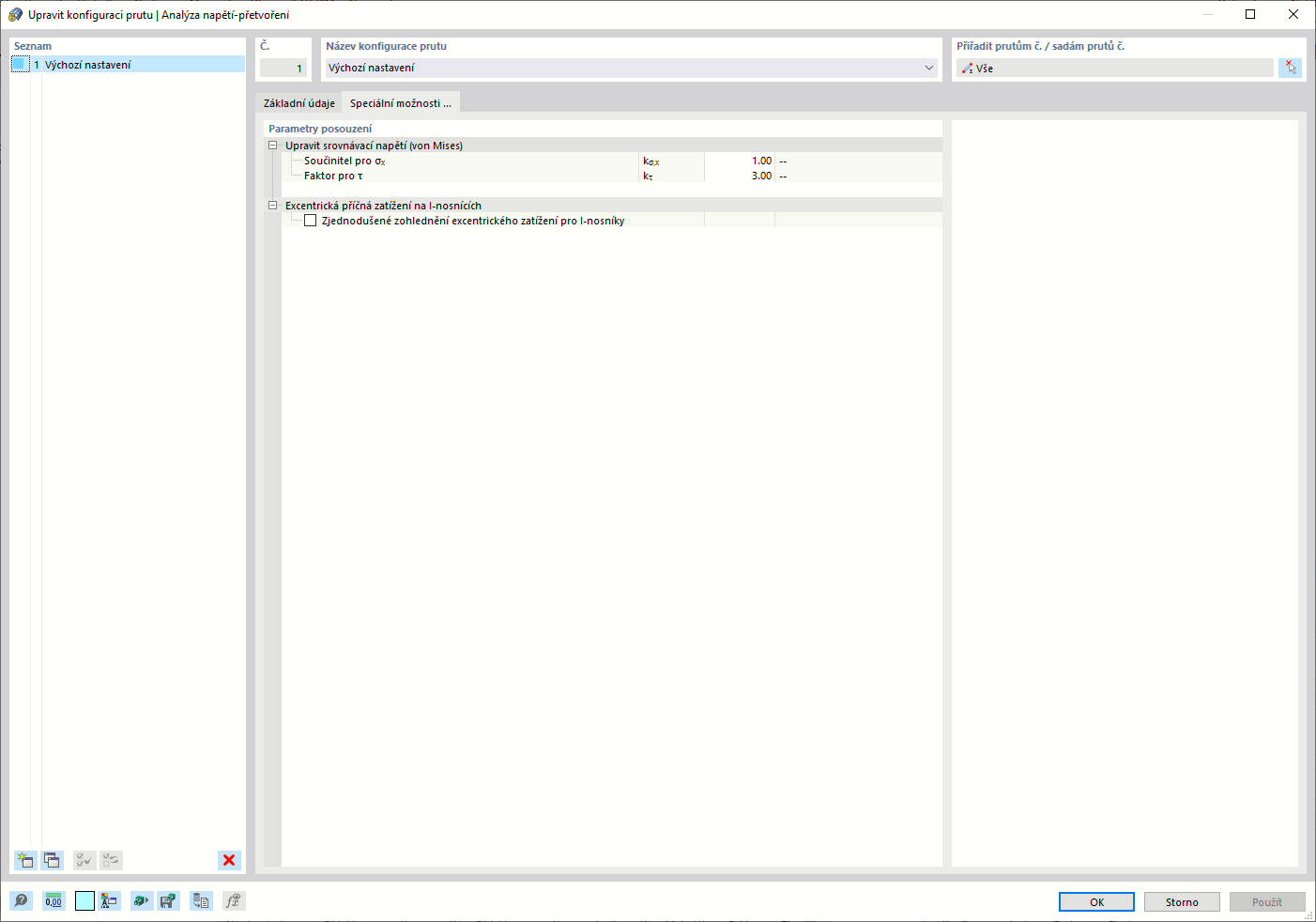 Dialogové okno „Konfigurace prutů“: Zadání speciálních možností