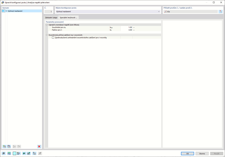 Dialogové okno „Konfigurace prutů“: Zadání speciálních možností