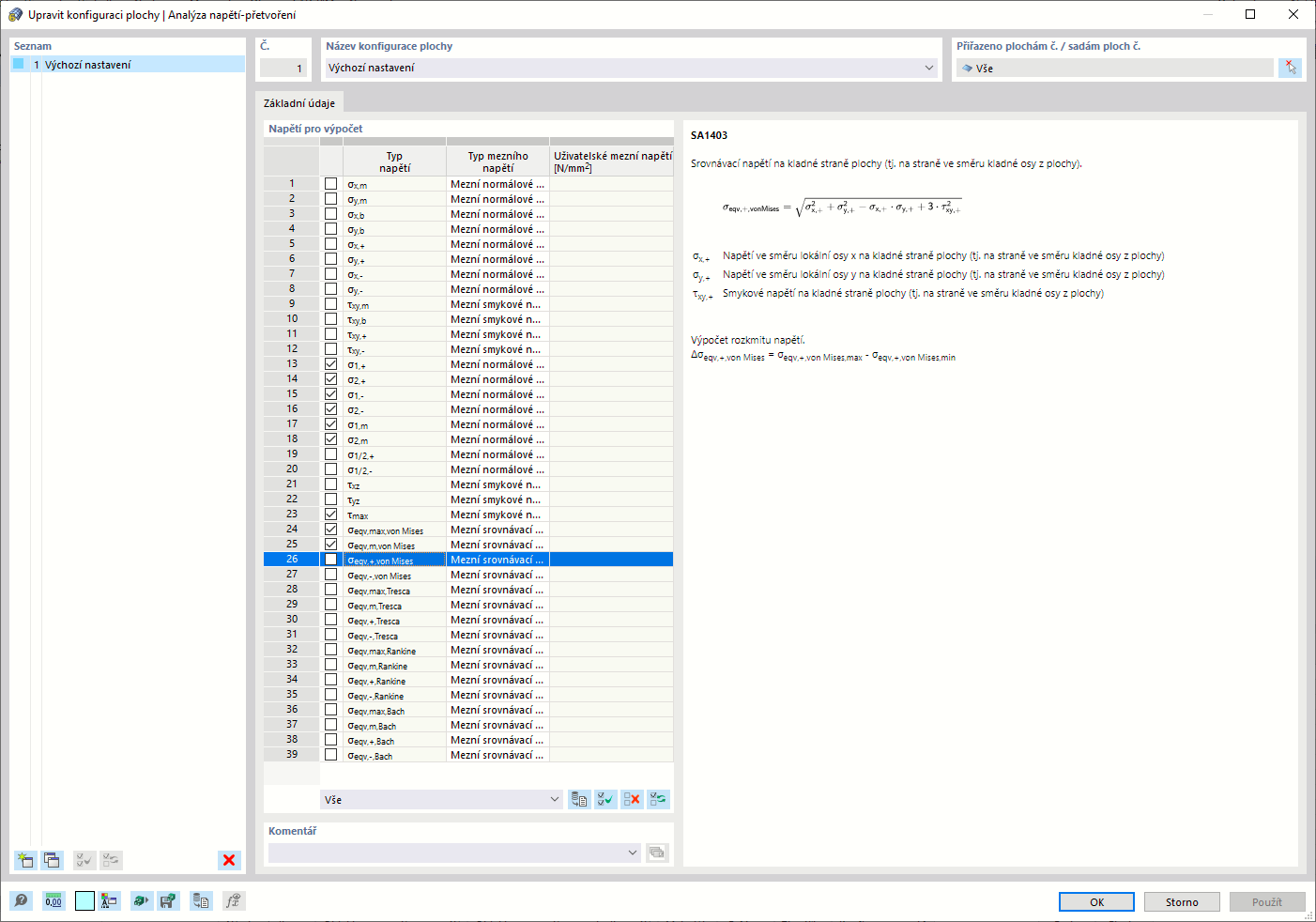 Dialogové okno „Konfigurace plochy“: Zadání napětí pro výpočet