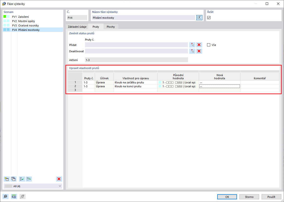 FAQ 005233 | Lze v jednotlivých fázích výstavby měnit vlastnosti prutů či ploch, např. jejich uložení?