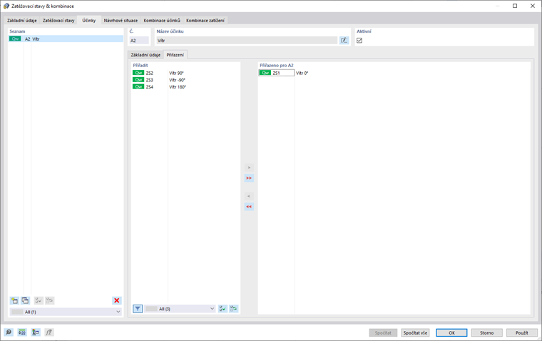 Úprava zatěžovacích stavů a kombinací, účinky