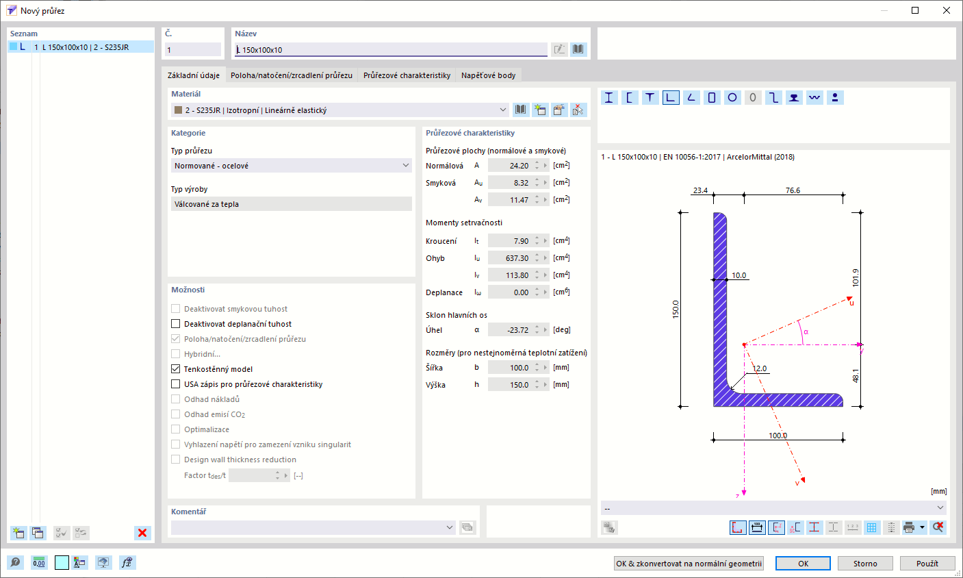 Dialog 'Nový průřez'
