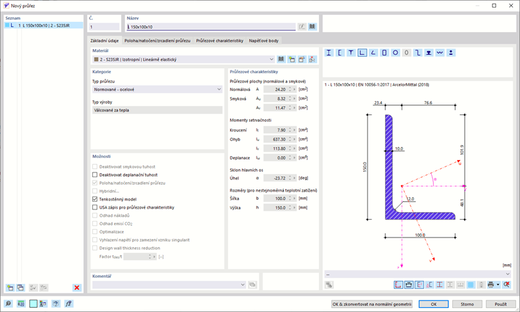 Dialog 'Nový průřez'
