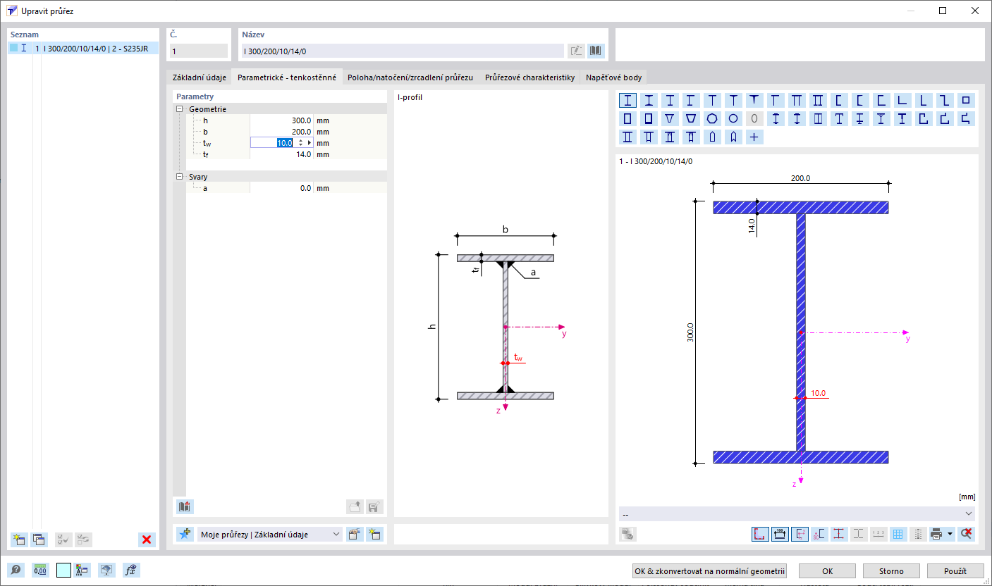 Definování parametrického průřezu