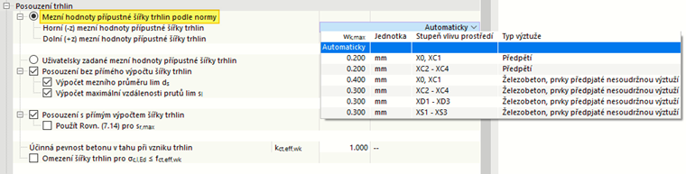 Zadejte mezní hodnotu přípustné šířky trhlin