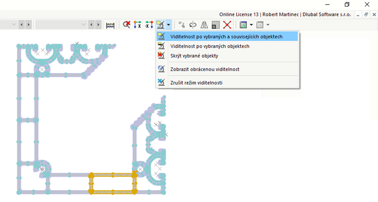 Tlačítka pro viditelnost v pracovním okně