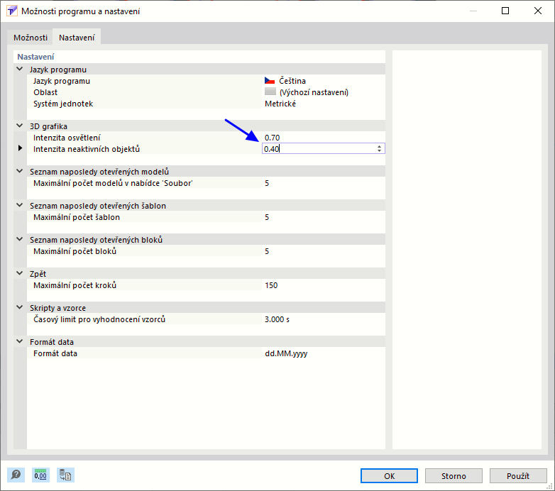Změna intenzity zobrazení neaktivních objektů