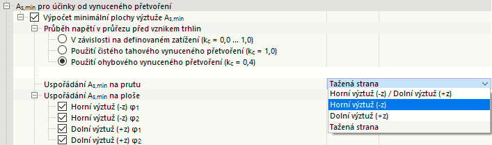 Uspořádání minimální výztuže na prutu v případě vynuceného ohybu
