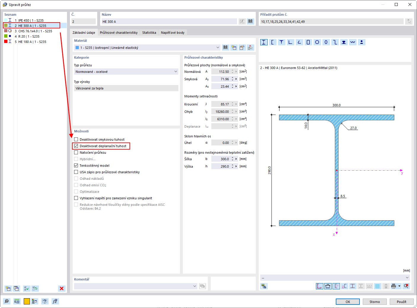 FAQ 005241 | Jak mohu deaktivovat 7. stupeň volnosti jen pro určité pruty nebo průřezy?