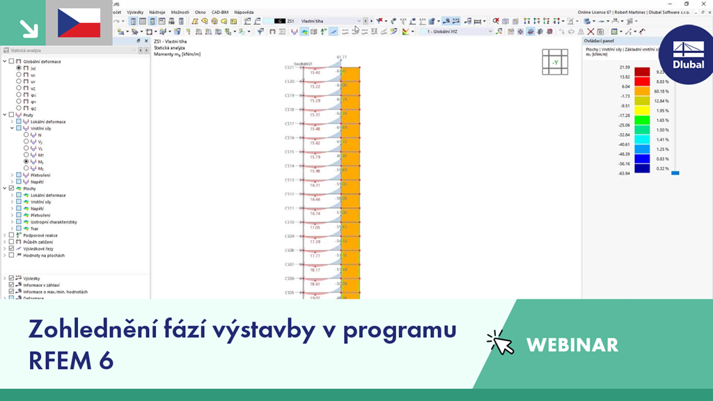 Vizualizace fází výstavby pomocí RFEM 6 ve webináři o stavebním modelování.