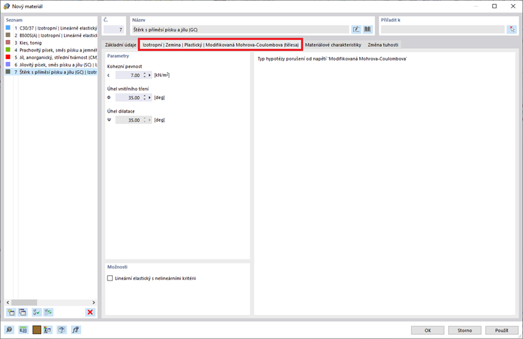 Zadání parametrů pro materiálový model