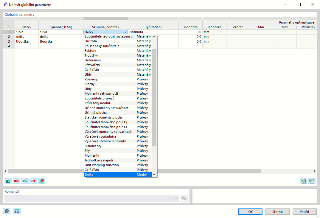 Tlačítko „Upravit globální parametry“