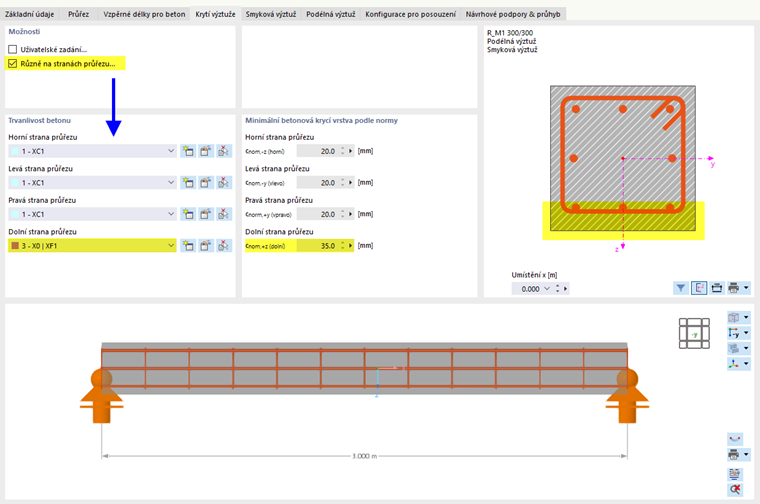 Zadání rozdílného krytí betonu na stranách průřezu
