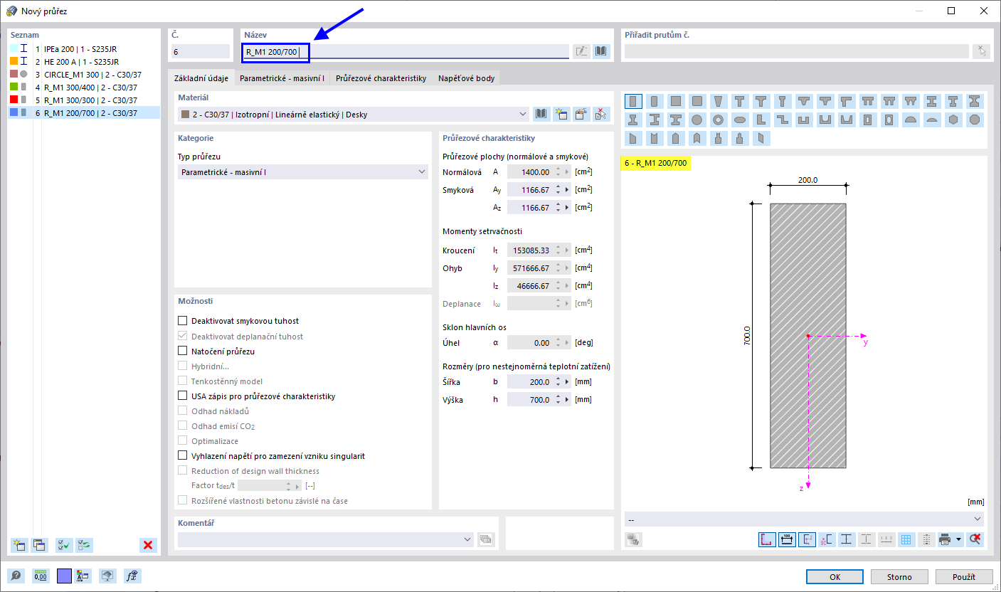 Zadání obdélníkového průřezu