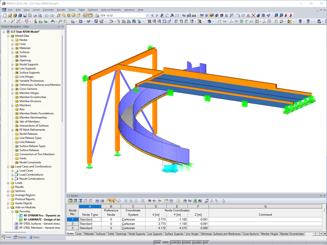 Model točitého schodiště se spodní konstrukcí v programu RFEM (© StructureCraft)