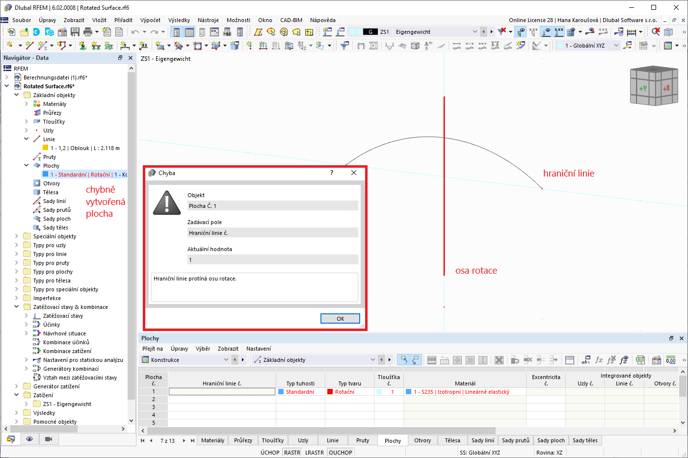 FAQ 005250 | V programu RFEM bych chtěl vytvořit rotačně symetrickou plochu. Rotační plocha se však nevytvoří. Co může být příčinou?