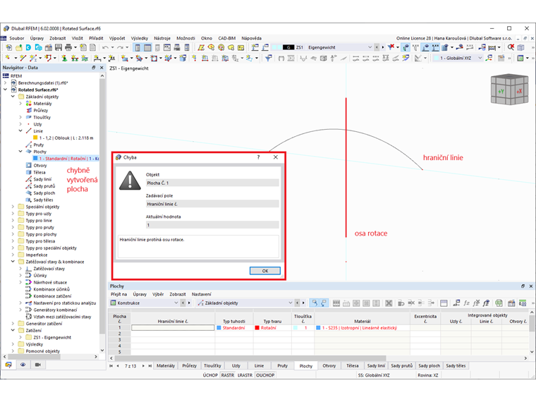 FAQ 005250 | V programu RFEM bych chtěl vytvořit rotačně symetrickou plochu. Rotační plocha se však nevytvoří. Co může být příčinou?