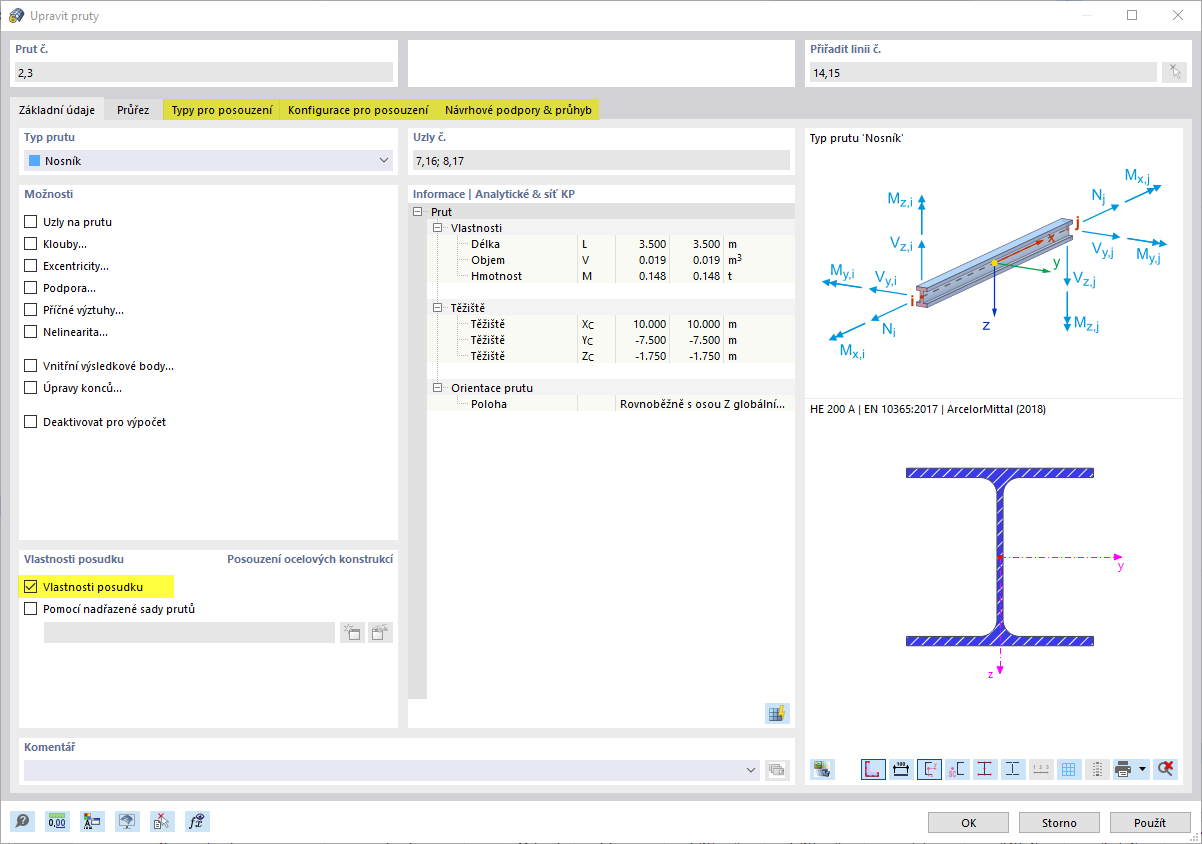 Pro sloupy byly aktivovány vlastnosti posouzení