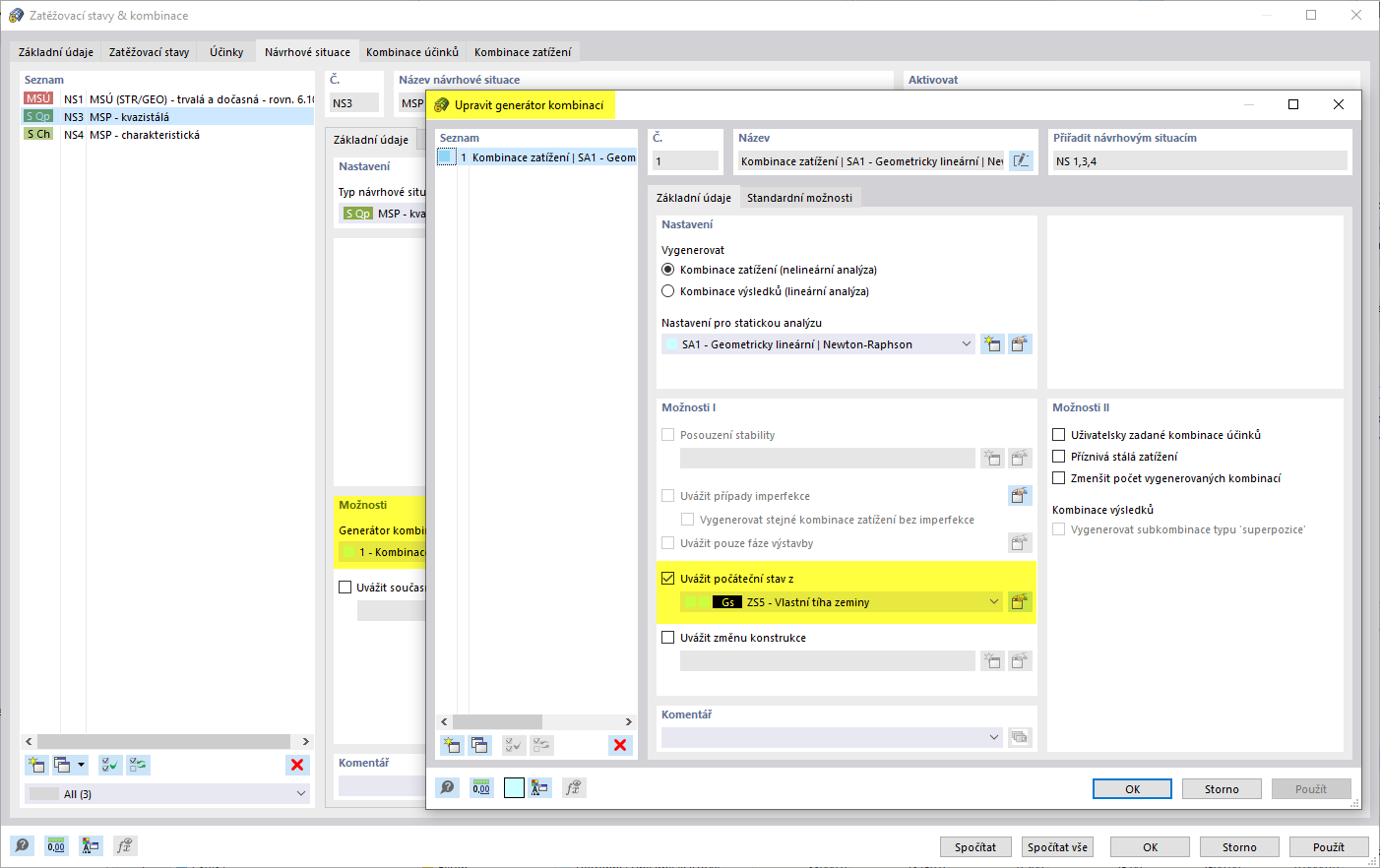 Zadání počátečního stavu v generátoru kombinací