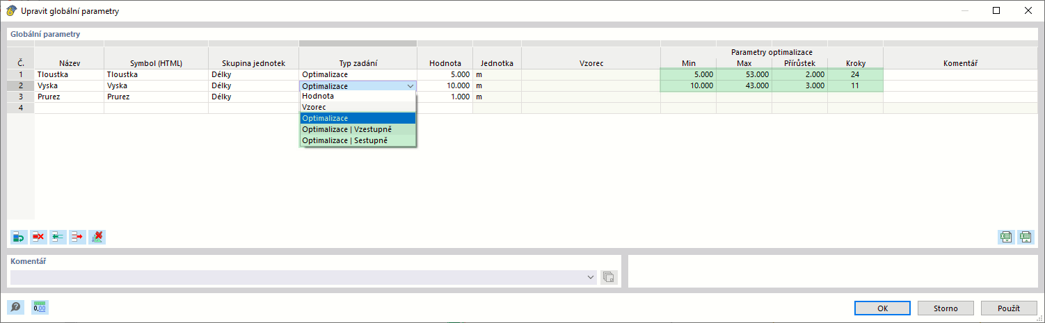 Deklarace globálních parametrů pro optimalizační úlohu