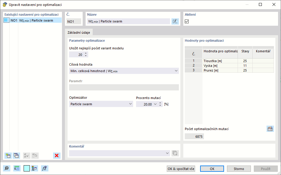 Dialog "Nastavení optimalizace"