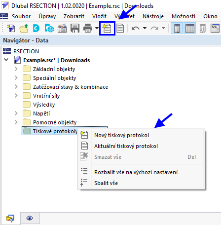 Tlačítko a kontextová nabídka „Nový tiskový protokol“