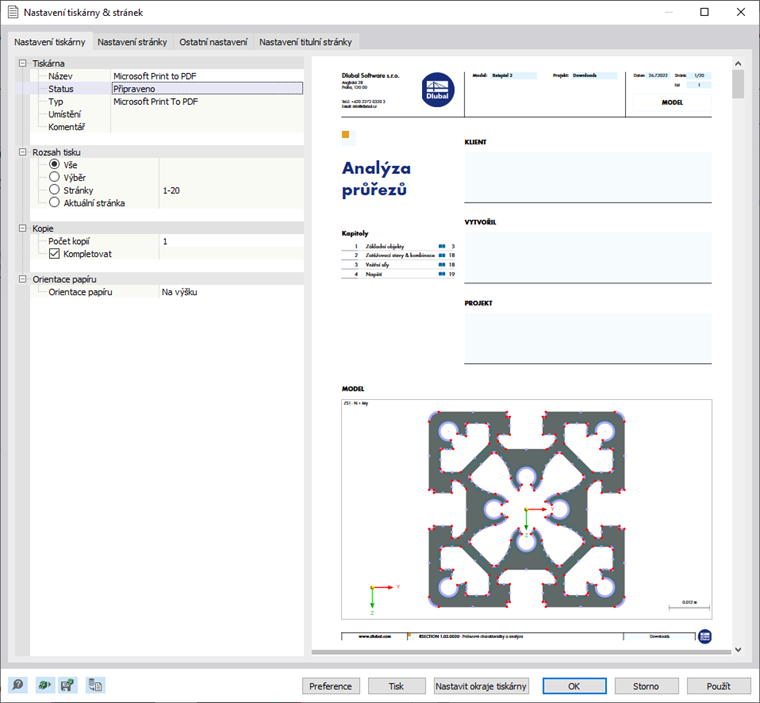Dialogové okno „Nastavení tiskárny a stránek“