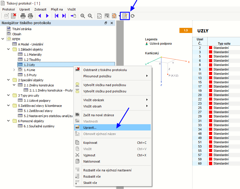 Tlačítko a kontextová nabídka „Upravit tiskový protokol“