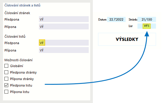 Nastavení číslování listů s předponou (vlevo) s výsledkem (vpravo)