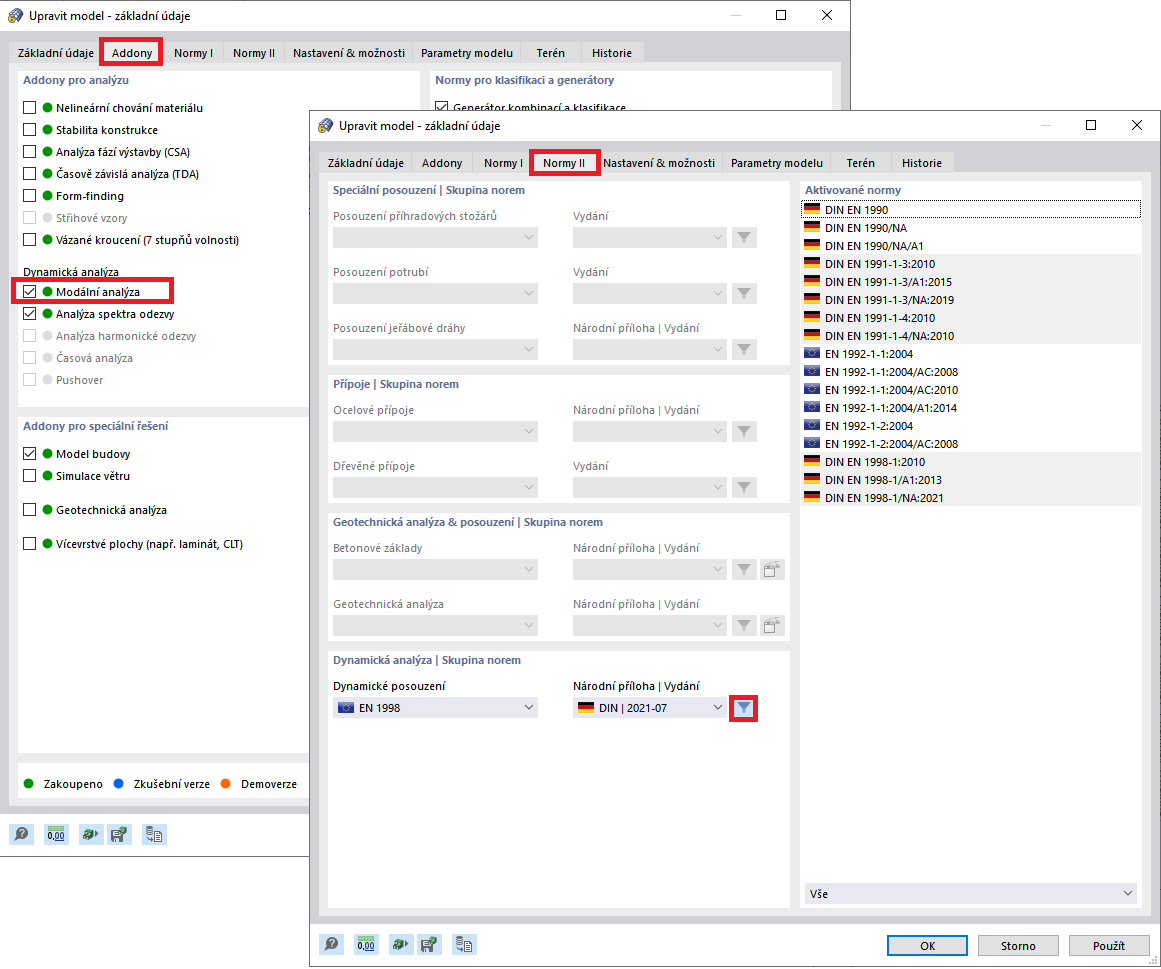 Aktivace addonu Modální analýza a výběr návrhové normy