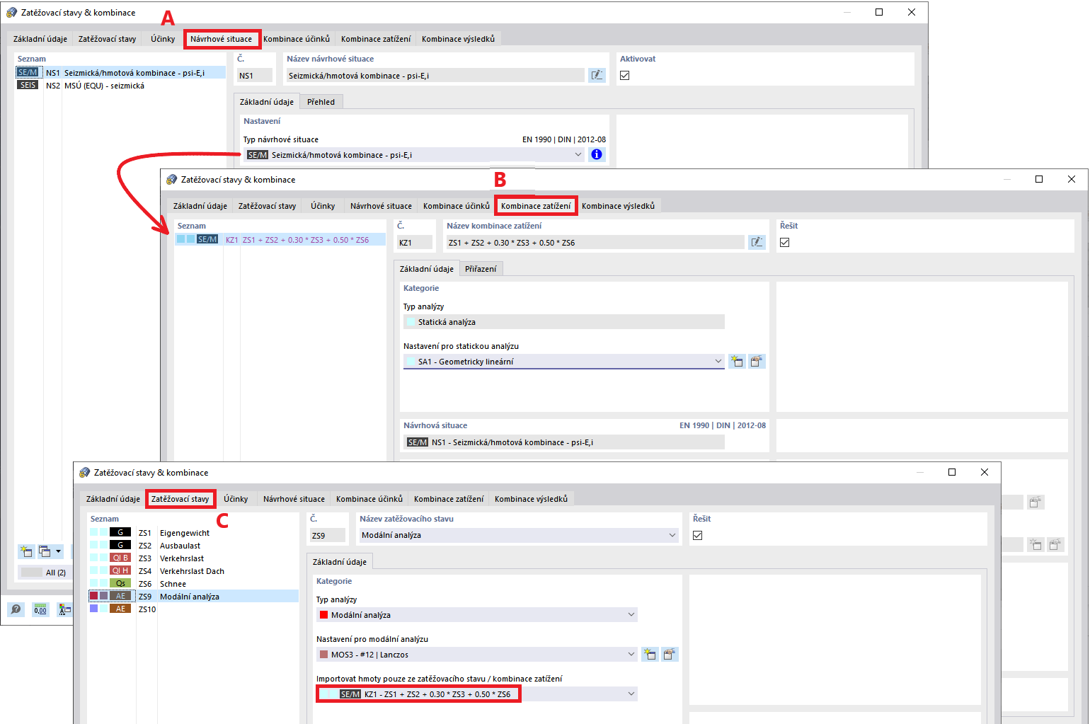 Importovat hmoty z kombinace zatížení podle normy