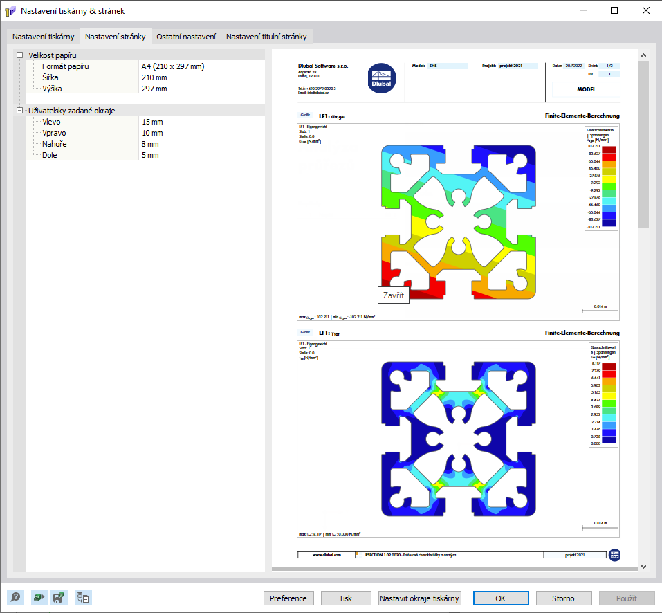 Dialogové okno „Nastavení tiskárny a stránek“, karta „Nastavení stránky“