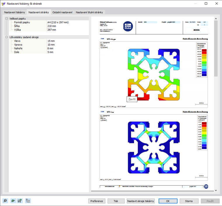 Dialogové okno „Nastavení tiskárny a stránek“, karta „Nastavení stránky“