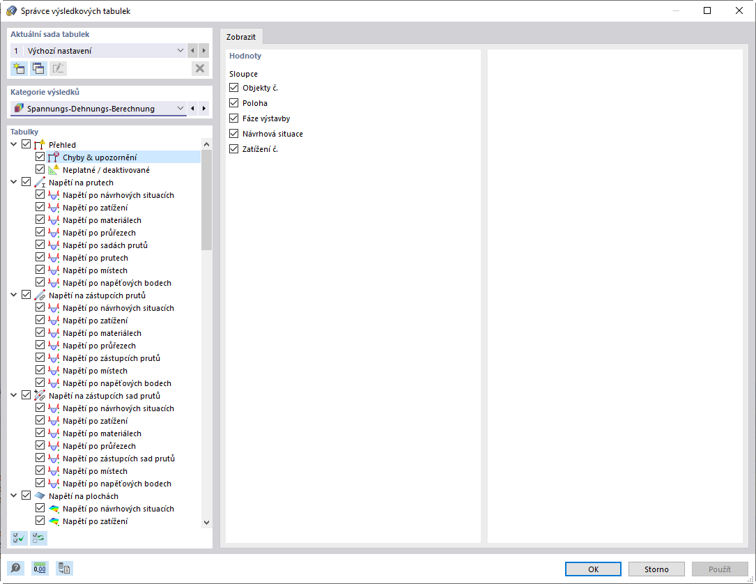 Správce výsledkových tabulek pro analýzu napětí-přetvoření