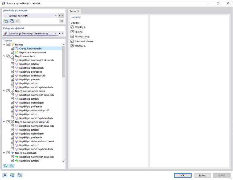 Správce výsledkových tabulek pro analýzu napětí-přetvoření