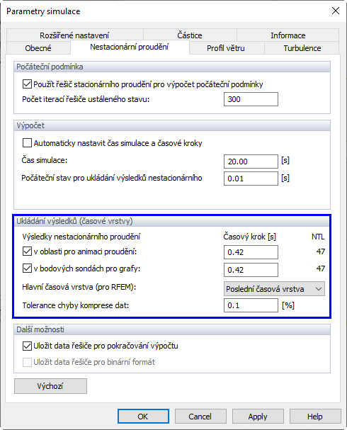 Parametry simulace, uložení výsledků