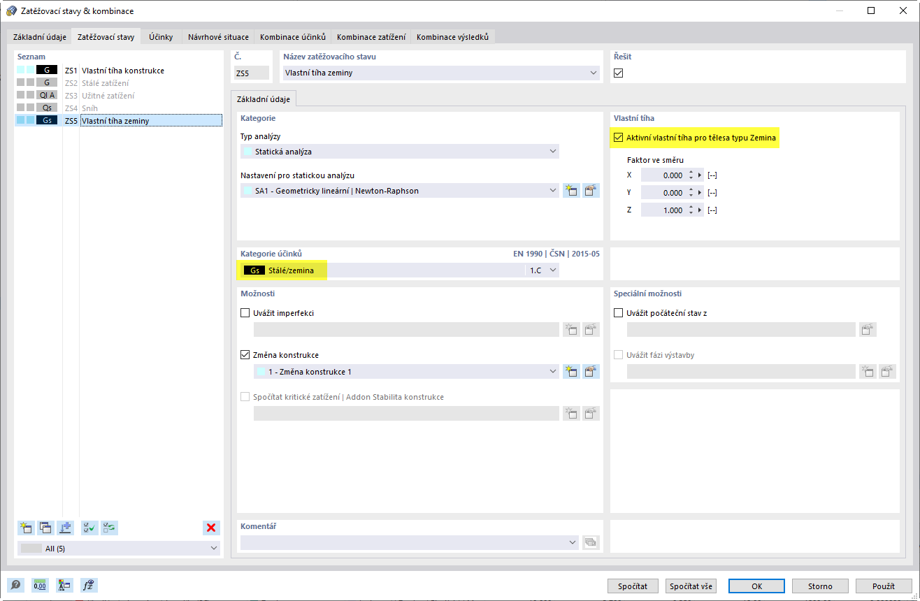 Vlastní tíha pouze pro půdní tělesa