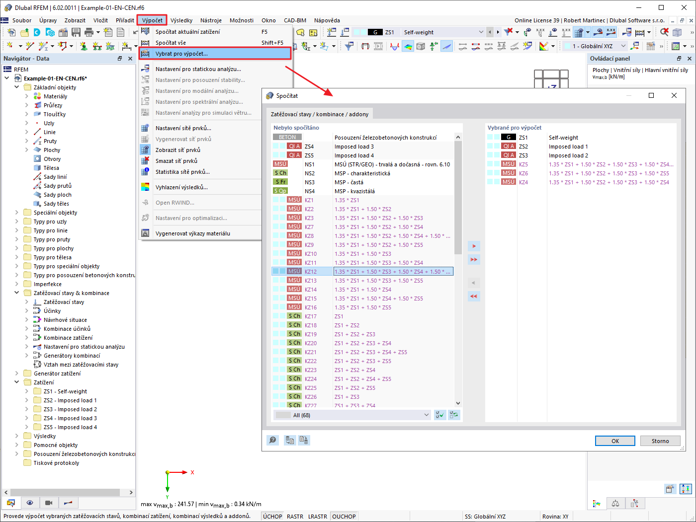 FAQ 005260 | Je možné spočítat výběr zatěžovacích stavů, kombinací zatížení a kombinací výsledků? Obzvlášť u velkých modelů není vždy nutné počítat všechny