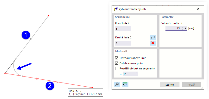 Dialogové okno „Vytvořit zaoblený roh“