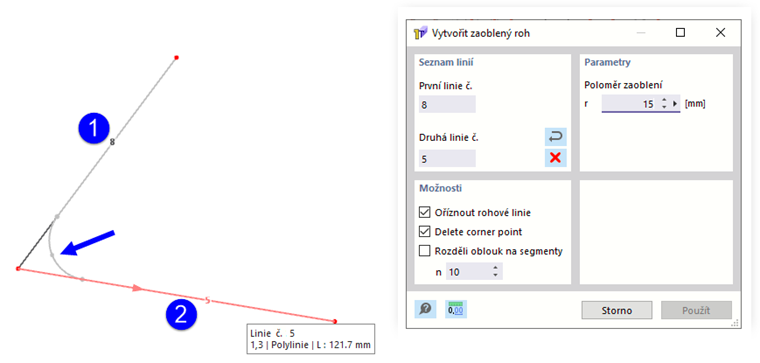 Dialogové okno „Vytvořit zaoblený roh“