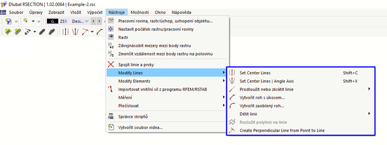 Nástroje pro modelování linií v nabídce "Nástroje"