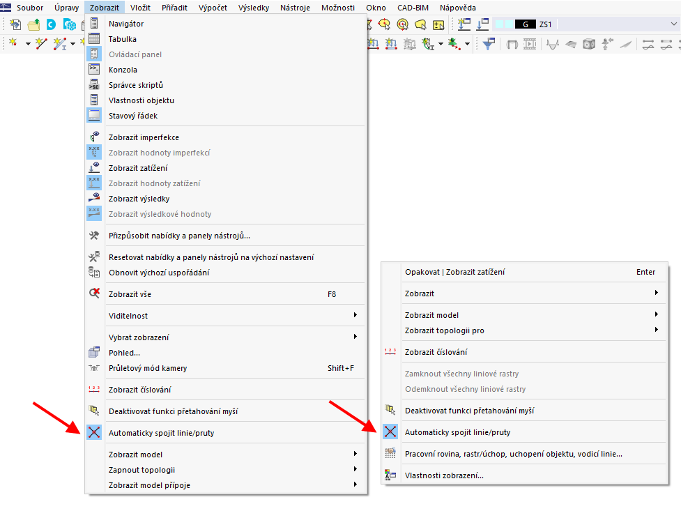 Funkce "Automaticky spojovat linie/pruty" v hlavní nabídce (1) a obecné kontextové nabídce (2)