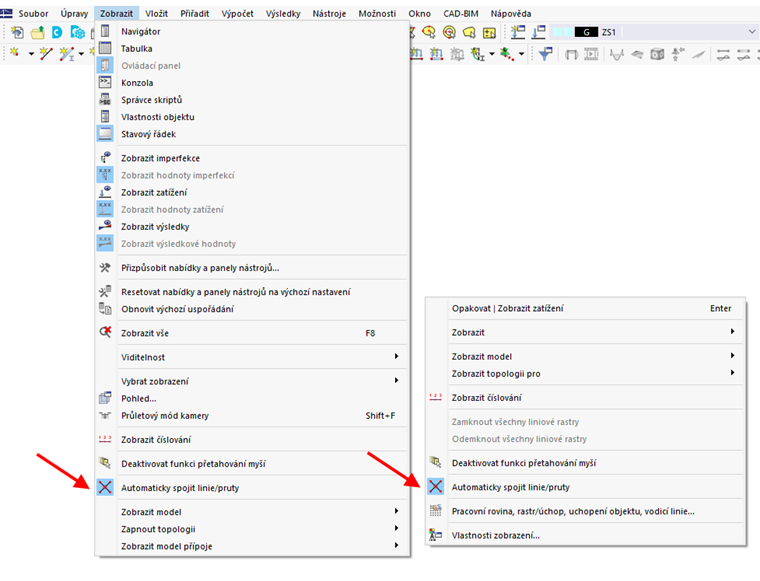 Funkce "Automaticky spojovat linie/pruty" v hlavní nabídce (1) a obecné kontextové nabídce (2)
