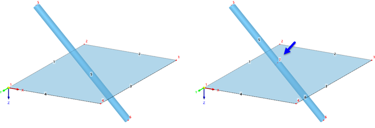 Vytvořit průnik prutu a plochy: Originál (vlevo) a kopie s výsledkem (vpravo)