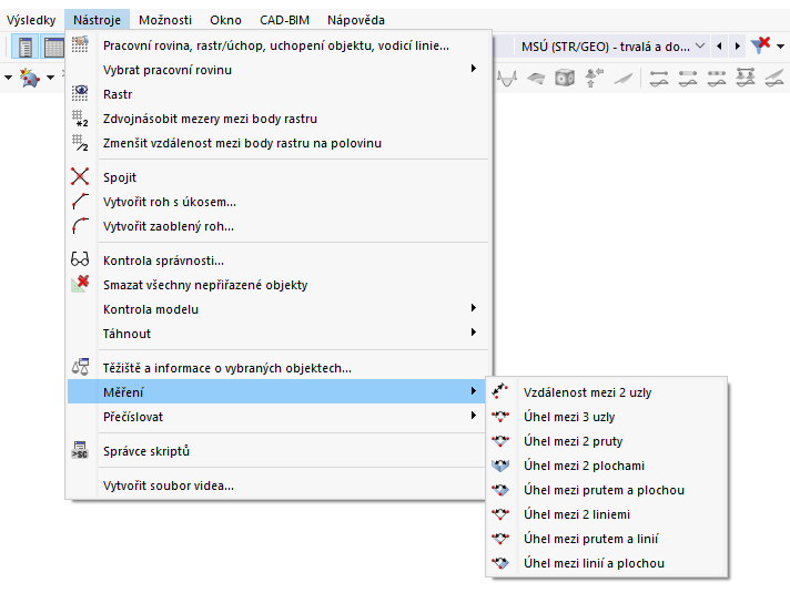 Hlavní funkce nabídky ' Měřit '