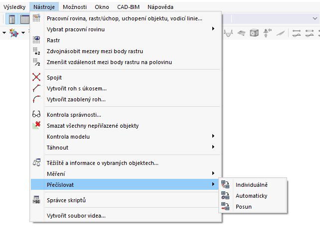 Hlavní funkce nabídky ' Přečíslovat '