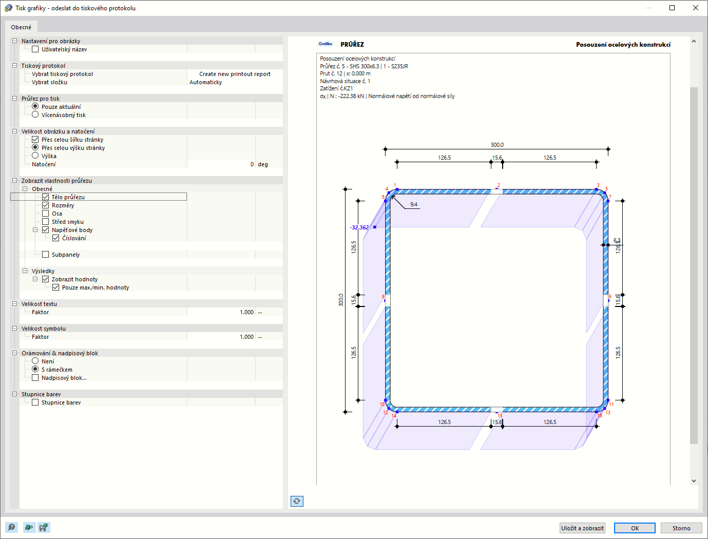Průběhy výsledků v průřezu - grafický tisk