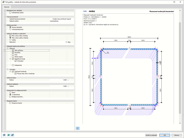 Průběhy výsledků v průřezu - grafický tisk